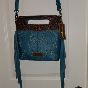 Montana West Teal and Brown Embroidered Crossbody Bag